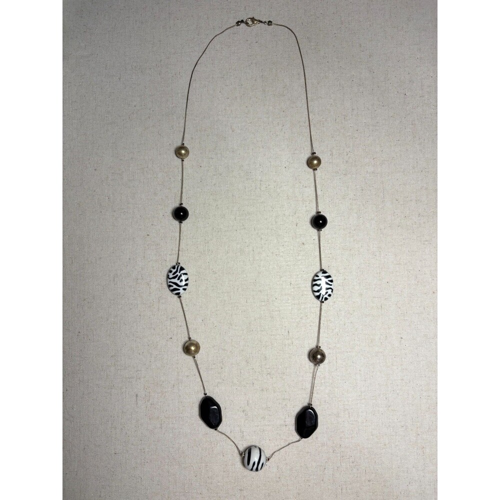 vintage Necklace Animal print Lucite Beaded Silver gold tone zebra chain 36"